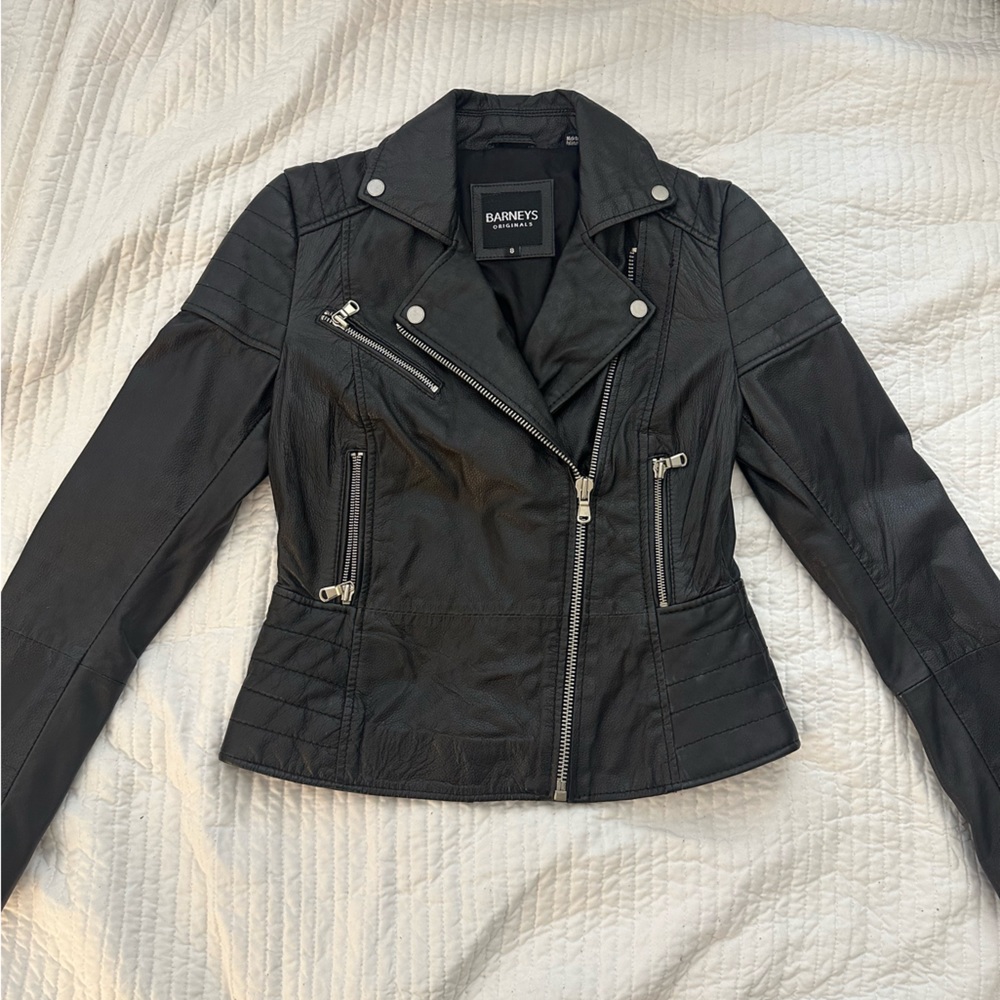 Barney’s Original Genuine Leather Moto Jacket asos size 8 (Black & Silver) 🧥